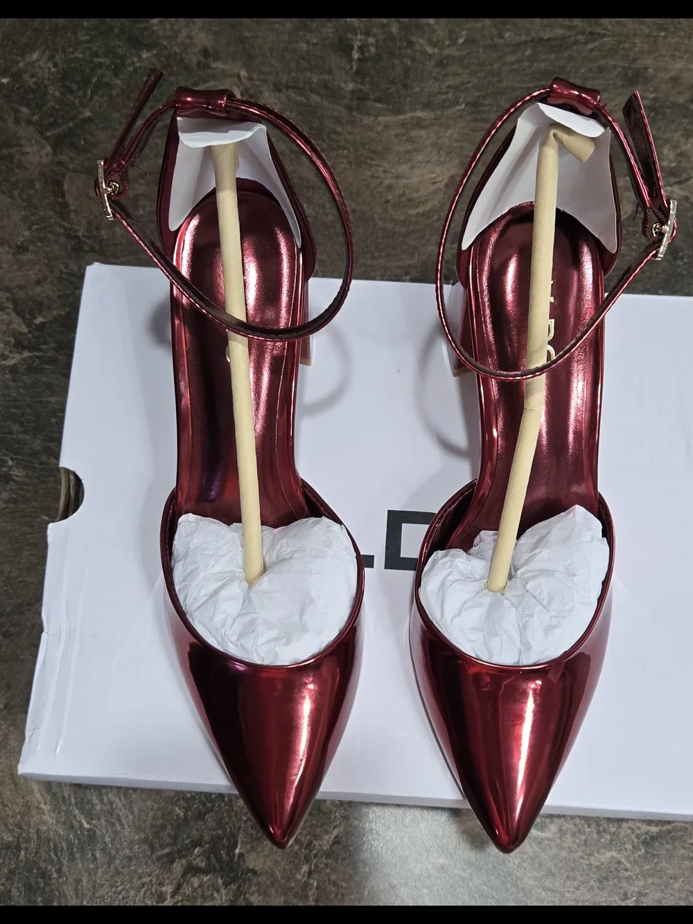 ALDO Metallic Burgundy Pointed Block Heel Ankle-Strap Pumps #1276